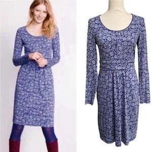 Boden Blue Floral Mabel Jersey Long Sleeve Empire Waist Pocket Dress US 2R